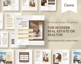 90 Real Estate Instagram Posts | Facebook Post | Social Media for Real Estate Agents | Real Estate Marketing  | Real Estate Canva Templates