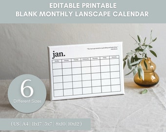 Monthly Blank Editable Calendar| Simple Calendar| Horizontal Printable Calendar| 6 Different Pages| PDF Printable| Instant Download