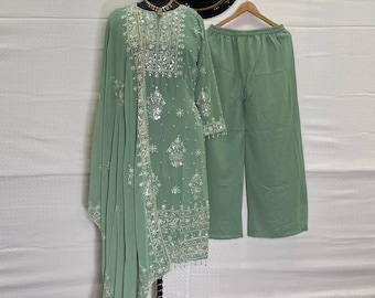 Jasnozielony Salwar Kameez: pakistański haftowany garnitur palazzo z żorżety