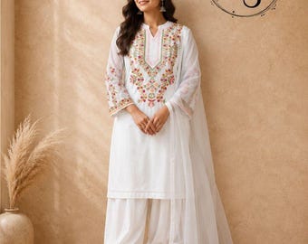 White Embroidered Salwar Suit Set, Floral Crepe Silk Kurti Dupatta Palazzo