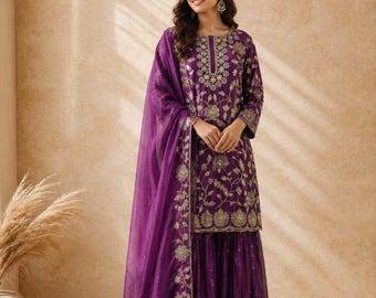 Purple Sequin Embroidered Sharara Suit: Pakistani Salwar Kameez, Eid Wedding Party Dress