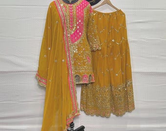 Yellow Embroidered Georgette Sharara Suit: Pakistani Salwar Kameez, Eid Outfit