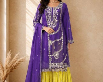 Purple Embroidered Salwar Kameez: Pakistani Wedding Sharara Suit