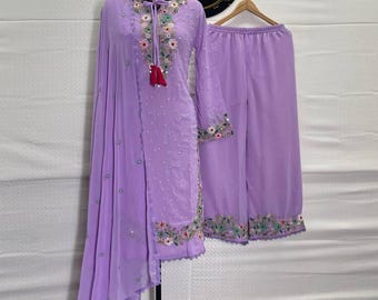 Lavender Salwar Kameez: Embroidered Georgette Palazzo Suit - Eid Dress