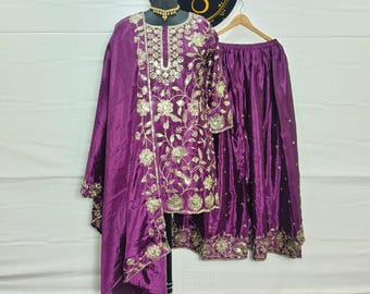 Purple Sequin Embroidered Sharara Suit: Pakistani Salwar Kameez, Eid Wedding Party Dress