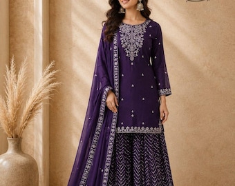 Purple Sequin Salwar Kameez: Pakistani Wedding Party Wear - XL