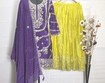 Purple Embroidered Salwar Kameez: Pakistani Wedding Sharara Suit