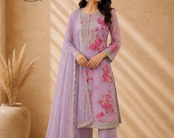 Embroidered Organza Salwar Kameez: Pakistani Sharara Suit, Bollywood Party Dress