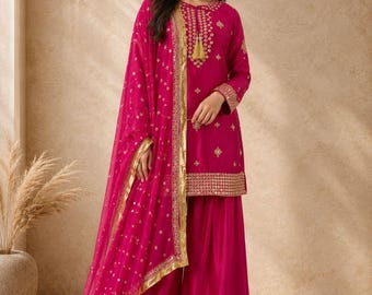 Magenta Pink Embroidered Chinon Silk Kurti Palazzo Set, Heavy Sequins Work Dupatta
