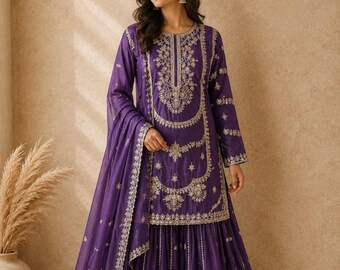 Purple Embroidered Salwar Kameez: Pakistani Wedding Sharara Suit