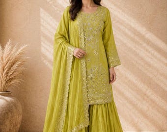 Yellow Embroidered Salwar Kameez: Pakistani Wedding Sharara Suit
