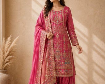 Pink Sharara Suit Embroidered Palazzo Pakistani Outfit Punjabi Patiyala suit