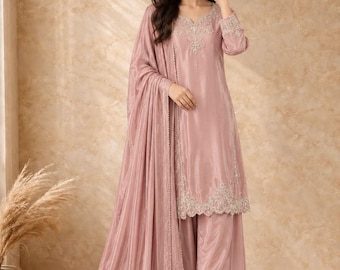 Pink Handwork Salwar Kameez Suit: Pakistani Palazzo, Tissue Silk Dupatta