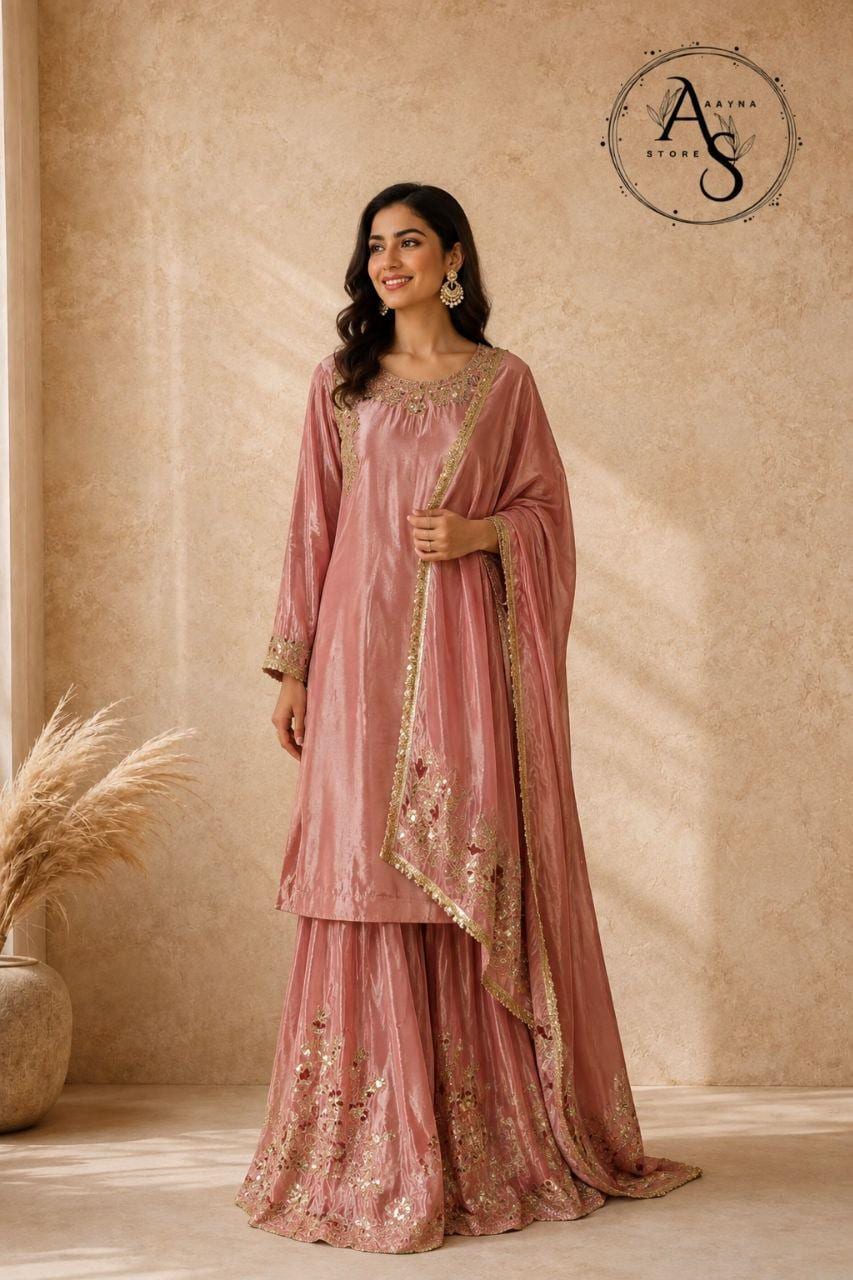 Embroidered Chino Silk Palazzo Suit Set, Sequin Work, Indian Festival Wear