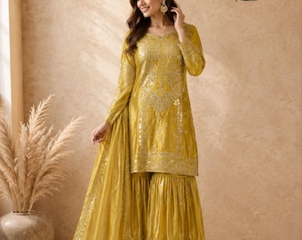 Embroidered Chinon Silk Salwar Kameez: Pakistani Wedding Party Dress
