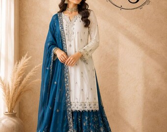 Embroidered Chinon Silk Salwar Kameez: Pakistani Wedding Party Dress