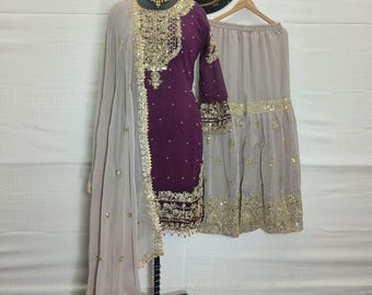 Purple Embroidered Pakistani Salwar Kameez: Wedding Party Wear, Plus Size