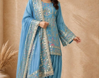 Blue Sharara Suit Embroidered Palazzo Pakistani Outfit Punjabi Patiyala suit