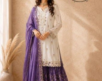 Lilac Salwar Kameez: Pakistani Wedding Sharara Suit - Embroidered Silk