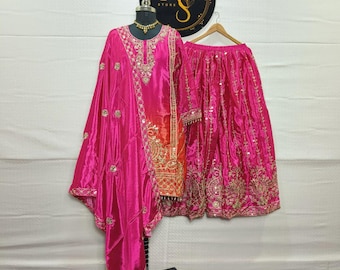 Dark Pink Embroidered Salwar Kameez: Pakistani Wedding Sharara, Bollywood Party Dress