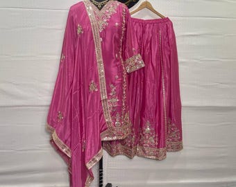 Różowy haftowany kostium Sharara: pakistański salwar kameez, sukienka imprezowa Bollywood