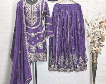 Purple Embroidered Salwar Kameez: Pakistani Wedding Sharara Suit
