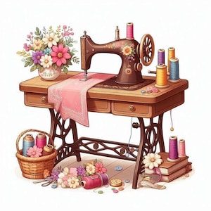 May include: A vintage sewing machine with floral accents sits on a wooden table, alongside spools of thread, a basket of thread, and a vase of flowers. A pink runner is on the table. The machine is brown with gold accents.