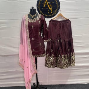 Embroidered Crepe Silk Sharara Suit: Pakistani Salwar Kameez, Bollywood Party Dress