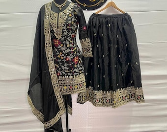 Salwar Kameez pakistaní bordado en negro: traje de tres piezas para fiesta de bodas Eid