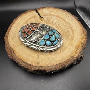 Vintage turquoise and coral sterling silver belt buckle