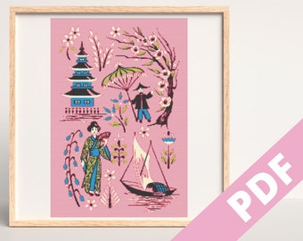 Japanese Garden Counted Cross Stitch Pattern, Japanese Stitch Pattern, Japanese Art Cross Stitch Pattern, Cross Stitch, Spring Blossoms