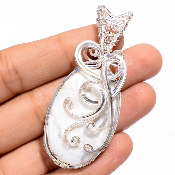 Oval Howlite Gemstone Pendant, Designer Copper Pendant, Silver Wire Wrapped Pendant, Handmade Wire Jewelry, Gemstone Pendant, Gift For Her