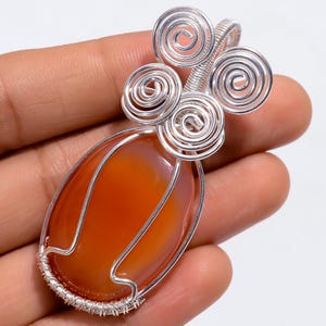 Carnelian Pendant Wire Wrap- Silver Plated Carnelian Pendant- Copper Wire Wrapped Gemstone Pendant Necklace- Handmade Gift For Her.