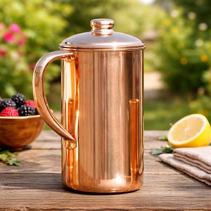 Handcrafted 100% Pure Copper Jug Pitcher: Solid Copper Pitcher Jar Pot with Lid - Ayurvedic Health Benefit Drinkware, Copper Carafe