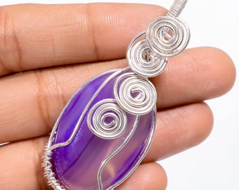 Pendentif en agate du Botswana violet fil enroulé pendentif cuivre pendentif collier plaqué argent agate du Botswana pendentif Saint Valentin cadeau pour elle