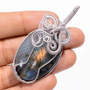 Labradorite Pendant Wire Wrapped- Ethnic Style Oval Designer Necklace, Silver Plated Wire Wrap Jewelry For Women - Hand Polished 2.4 inch