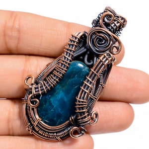 Neon Blue Apatite Wire Wrapped Pendant, Handmade Copper Wire Pendant, Apatite Gemstone Pendant, Statement Pendant Jewelry, Christmas Gift