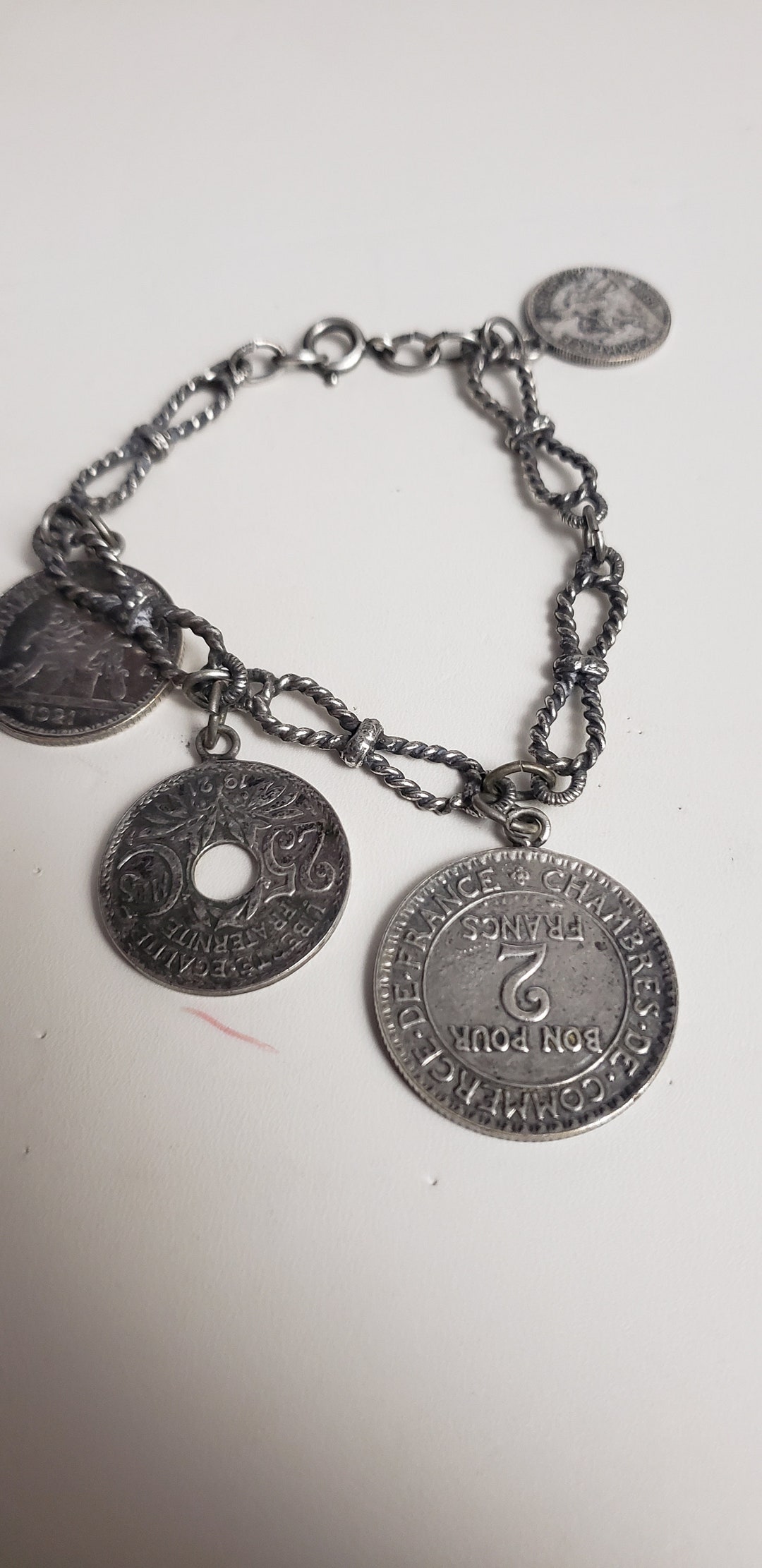 Artist's Classic 1903-1905 French Coin Pendant On 28" .925 Sterling Silver Wavy Chain - Handmade