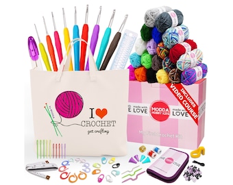 Modda Crochet Kit for Beginners with FREE Video Course & 11 FREE PATTERN , 20 Color Yarns, Accessories, Canvas Tote Bag, Crochet Starter Kit
