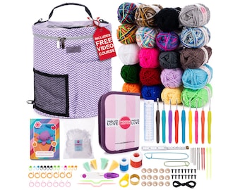 Crochet Kit for Beginners with Video Course - Learn to Make Amigurumi and more, Includes 20 Colors Yarn, Hooks, Patterns and Crochet Bag
