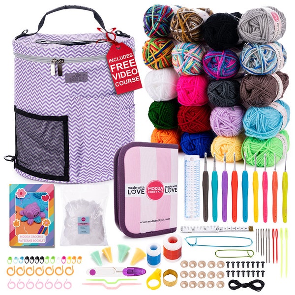Kit de Crochet para Principiantes con Curso en Vídeo - Aprende a Hacer Amigurumis y más, Incluye 20 Colores de Lana, Ganchillos, Patrones y Bolsa de Crochet