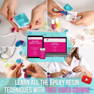 May include: A collage of images showing how to make jewelry using epoxy resin. The images show different steps in the process, including mixing the resin, adding color, and adding embellishments. The text on the screen says "Welcome Jewelry Lovers!" and "Click to watch Lesson 1".
