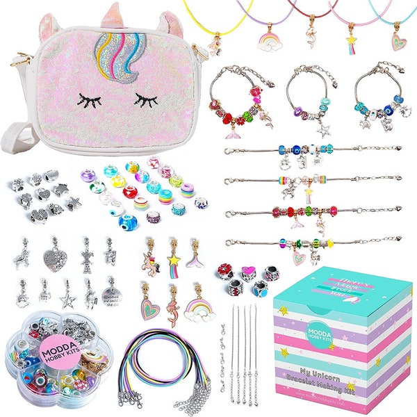 Unicorn Charm Bracelet Making Kit with Unicorn Bag, Charms, Beads, Jewelry Making Kit for Girls, Gifts for Kids, Crafts for Girls Ages 8-12