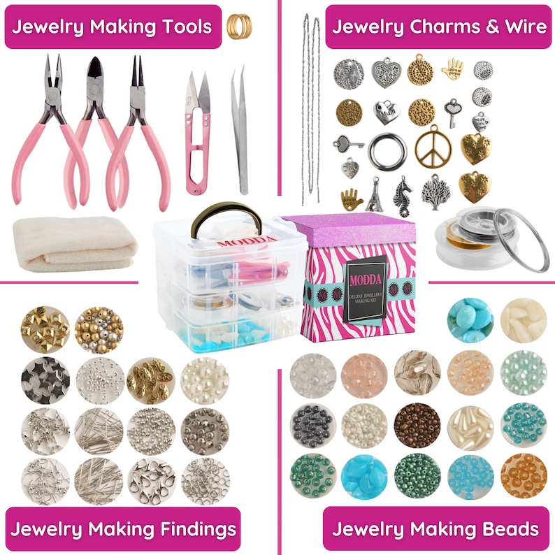Pu&ograve; includere: Un kit per la creazione di gioielli con una variet&agrave; di perline, ciondoli, ritrovamenti, strumenti e filo. Il kit include un contenitore di stoccaggio in plastica trasparente con cassetti, una scatola a stampa zebra rosa e bianca e un panno bianco. Il kit &egrave; etichettato "MODDA Deluxe Jewelry Making Kit".