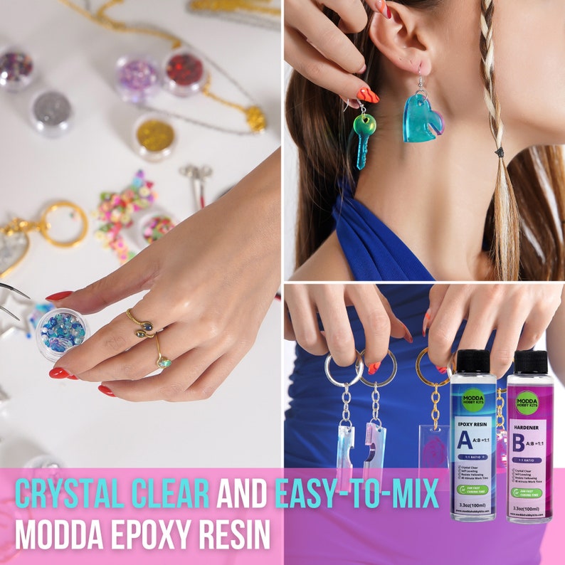 May include: Two bottles of clear epoxy resin, labeled "Modda Epoxy Resin" with the words "A" and "B" on the bottles. The bottles are labeled "Epoxy Resin" and "Hardener". The bottles are 100 ml each.  The image also shows a pair of earrings made with the resin, a key chain, and a small container of glitter.