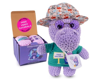 MODDA Crochet Kit for Beginners,  Animal Amigurumi Crochet Starter Kit with Easy Pattern and Video Tutorials, Hippo Design for Adults, Kids