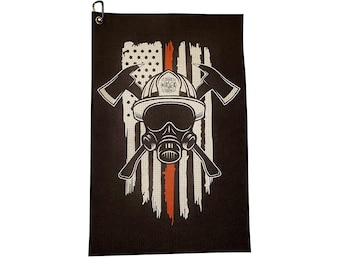 Toalla de golf con casco de bombero, regalo de toallas de golf con clip para bolsa, línea roja delgada