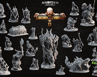 May include: A collection of 38 detailed, unpainted, miniature figurines for tabletop gaming. The miniatures are made of grey plastic and depict various undead creatures, including skeletons, zombies, and ghouls. The miniatures are arranged on a black background with the text "Legion of the Undead II" and "Funded!" visible.