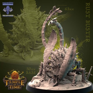 May include: A detailed, pre-supported, grey plastic miniature of a spiky, scorpion-like creature with large, leafy appendages. The miniature is 63 mm tall and is called "Rust Buster".