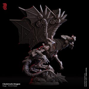 May include: A detailed, grey, metal clockwork dragon miniature with a 75 mm base. The dragon has intricate gears and pipes, and its wings are spread wide. The miniature is part of the Flesh & Steel collection.
